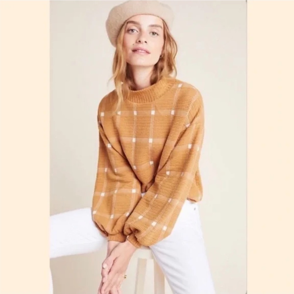 Anthropologie Mustard Plaid Mock Neck Sweater